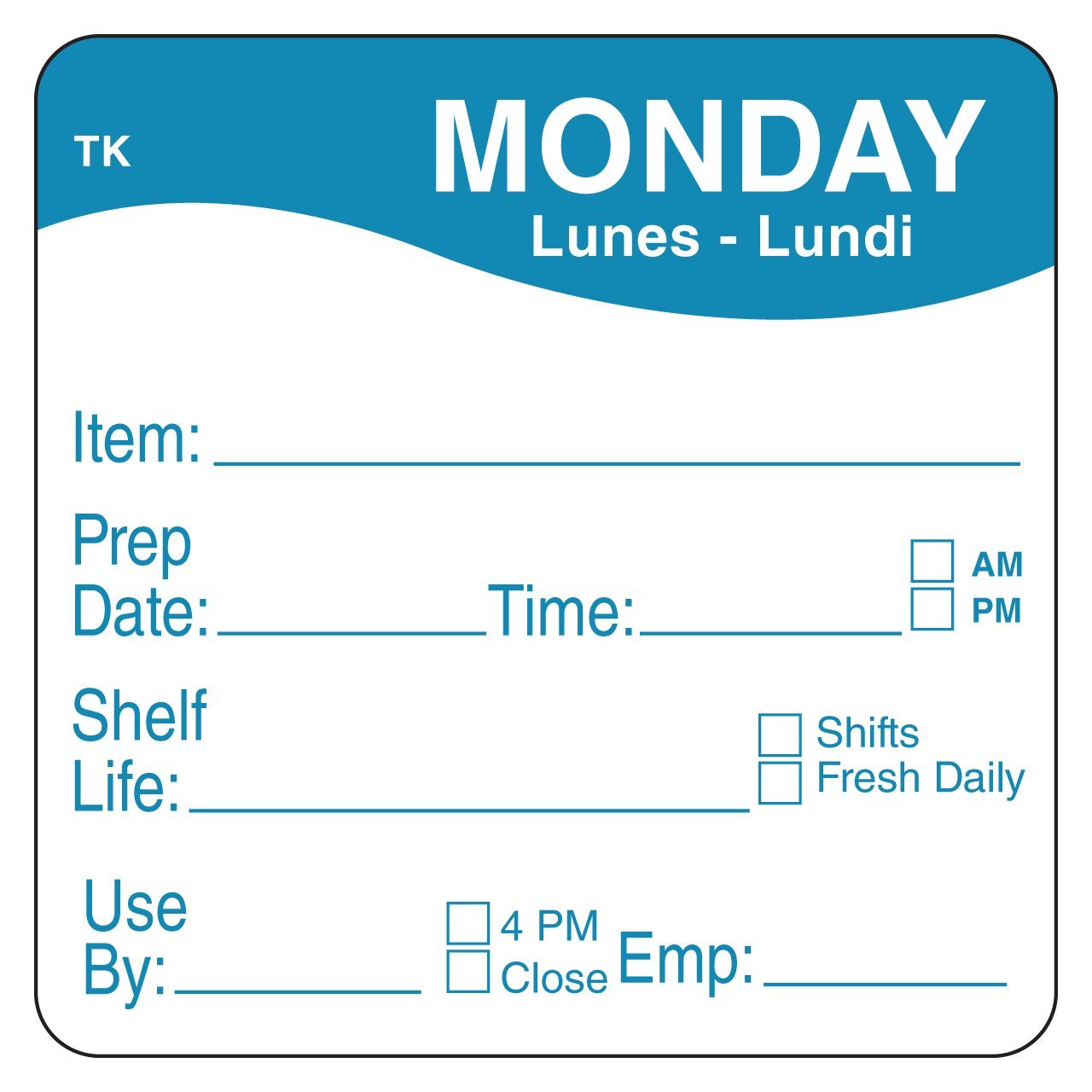 DayMark Safety Systems ToughMark IT114368-1-MON Trilingual Repositionable Label, Monday, 2 x 2, Blue, Roll of 500