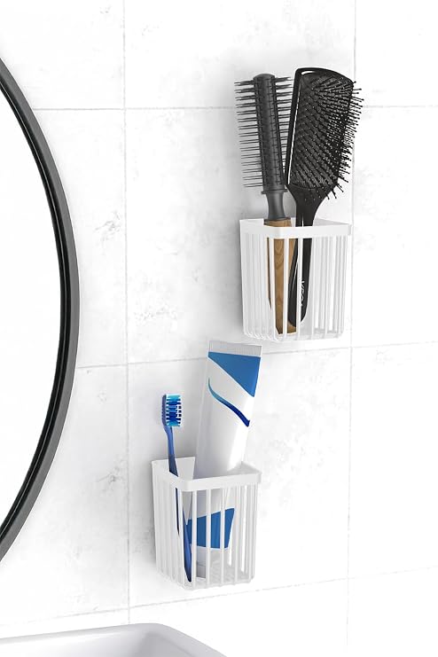 ATA HOME 2'Li Set Yapışkanlı Diş Fırçalık, Saç Fırçası Tarak Düzenleyici, Banyo Düzenleyici Banyo Rafı Beyaz
