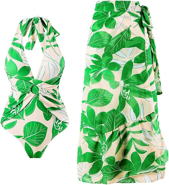 Women's One Piece Swimsuits with Beach Cover up Wrap Skirt 2 Pieces Bathing Suits for Women Floral Print Bikini Set