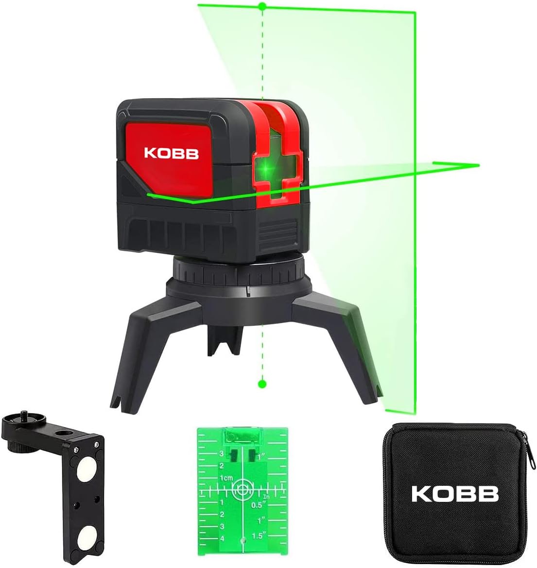 KOBB KBL92G 30 Meters Professional Horizontal and Vertical Automatic Alignment Green Cross Line Laser, 2 Point Shakul Laser Distomat  Mini Tripod, RedBlack