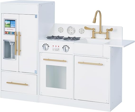 Teamson Kids Little Chef Charlotte Modern Modular Interactive Wooden Play Kitchen with Refrigerator, Stove and Sink in White with Gold Finishes