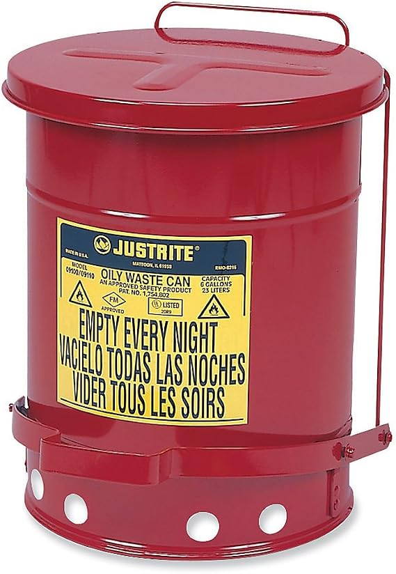 Justrite 09100 Red Galvanized Steel Oily Waste Safety Can with Foot Lever - 6 Gallon Capacity