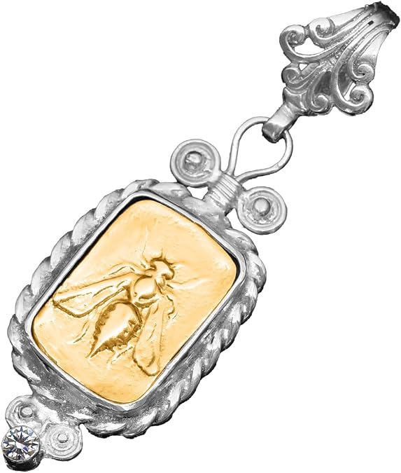 925 Sterling Silver Pendant Bumble Bee Cubic Zirconia Ephesus Honey Bee Signet Necklace Women's Pendant Featuring The Sacred Honey Bee Gift For Her Turkish Fine Jewelry Greek Coin Designer
