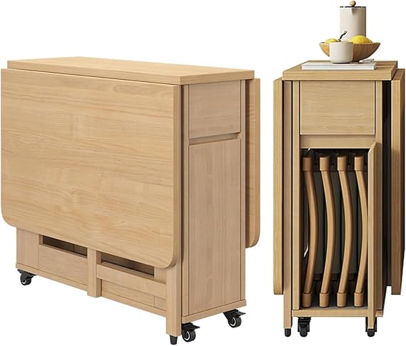 Extendable Folding Dining Table Set, Solid Wood Drop Leaf Table 4 Chairs | for Kitchen Dining Room Living Room Restaurant -1.4m