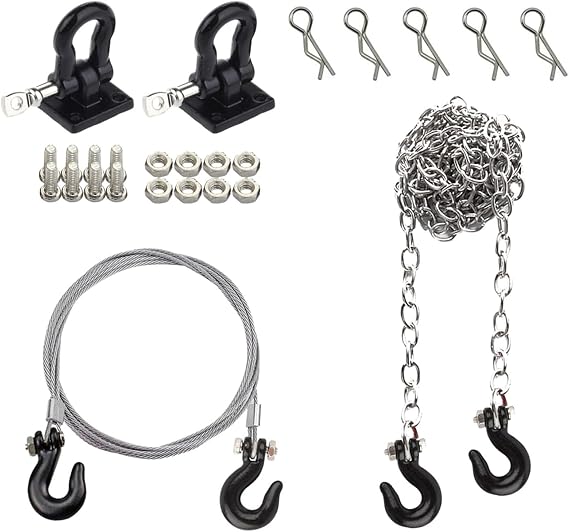 1/10 RC Car Mini Metal Trailer Chain and Tow Hooks Buckle & RC Body Clips Bent Springy R Pins Accessories for 1:10 Rock Crawler Truck Car Traxxas TRX4 SCX10 Axial RC4WD Tamiya D90 (Black)