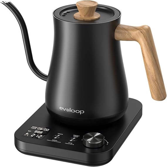Gooseneck Electric Kettle, Electric tea Kettles, 1F Temperature Control for Pour-Over Coffee & Tea Brewing, Stainless Steel Inner, Quick Heating, Boil Hot Water, 1200W/0.8L (Black Wooden)