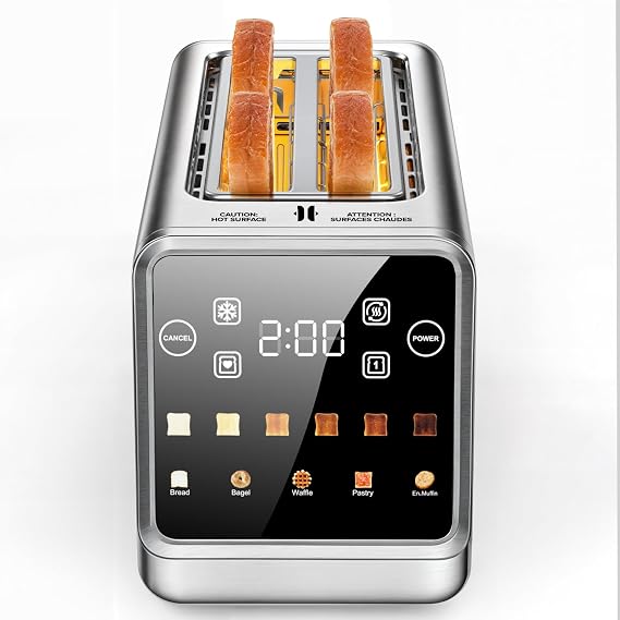 Toaster 4 Slice Long Slot for Bagels & Artisan Bread, Digital Smart Touch Screen with Memory Function & Single-Slice Modes, 6 Toast Settings & 5 Bread Types, Defrost & Reheat, Stainless Steel