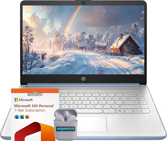 HP 14" Business Laptop Computer, Intel N150 Processor, Windows 11 S Laptop 16GB RAM 640GB Storage (128GB UFS + 512GB SD Card), 1-Year Microsoft Office 365, SageNova Earphones, Sky Blue