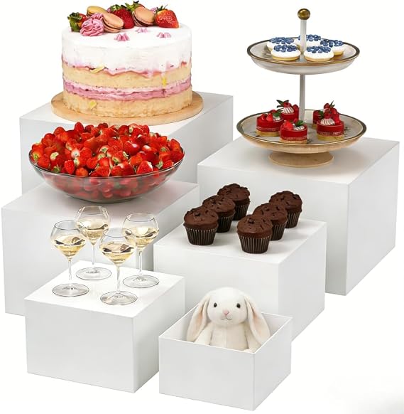 Fushiton 6 PCS Nesting Buffet Risers Set, Stackable White Display Stands for Food, Desserts, Jewellery and Collectibles, Versatile Table Riser for Catering, Parties and Retail Displays