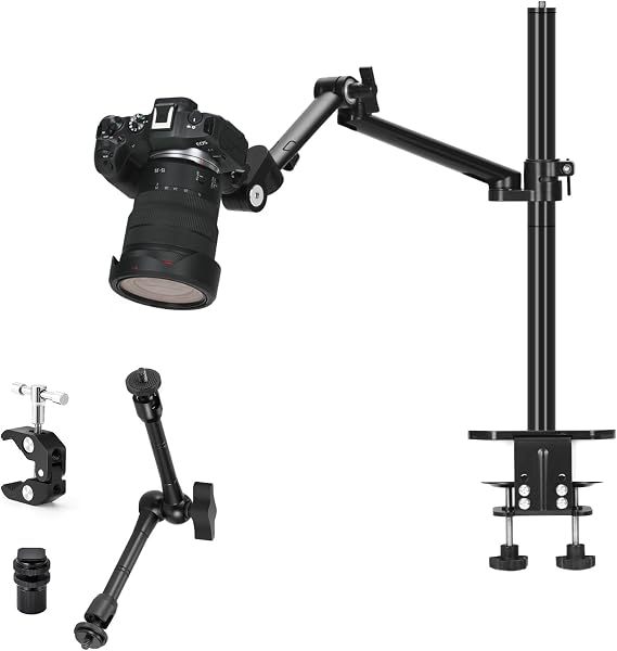 TARION Camera Arm Mount Desk Stand + 11in Magic Arm with Super Clamp, Desktop Mount Camera Stand with Tablet Holder Double C Clamp + 3 Articulating Arms with 1/4" and 3/8" Thread