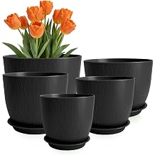 GARDIFE Plant Pots 10/9/8/7.5/7 Inch Plant Pots, Set of 5 Plastic Planters with Drainage Holes and Saucers,Plastic Flower Pots,Nursery Planting Pot for Indoor Out Door Plants (Black)