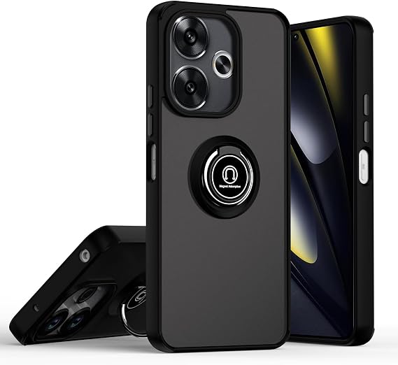 QUIETIP Case Compatible with Xiaomi Poco F6 5G with Screen Protector,TPU + Hard PC Magnetic Ring Car Mount Stand Cover,Black