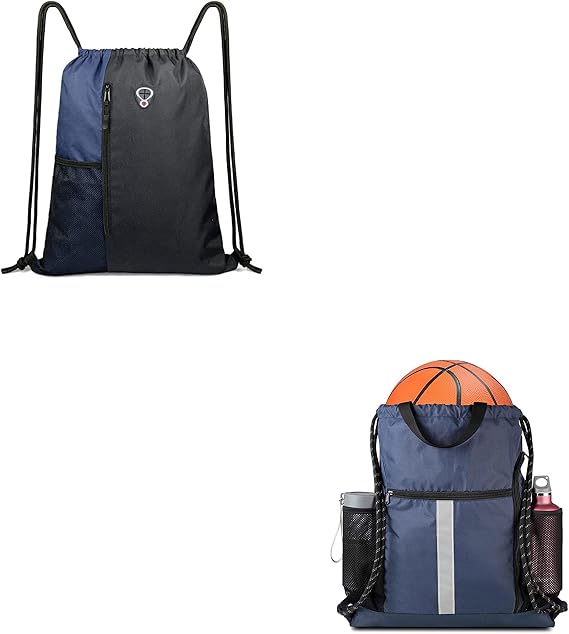 BeeGreen 2 Pack Gym-Drawstring-Backpack-Bag With Shoe Compartment and Two Water Bottle Holder Large String Backpack Sports Bag Navy Blue