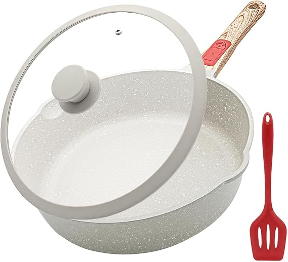 28cm Ceramic Nonstick Deep Frying Pan with Lid, Removable Handle-White