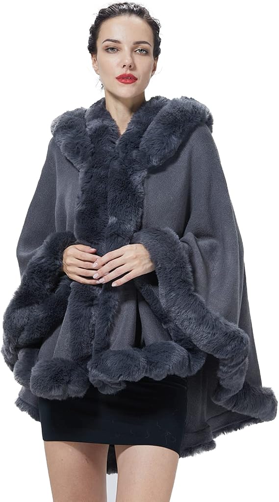 Poncho Hooded Shawl Wrap Women Cape Winter Faux Fur Trim Coat Sleeveless Cardigan Dressy Cloak for Party