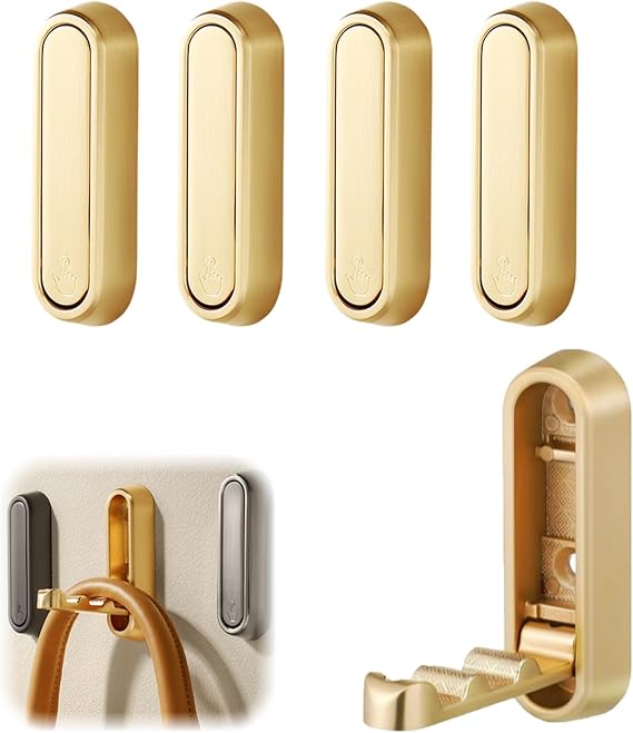 4Pcs Foldable Wall Hook for Hanging - Foldable Zinc Alloy Wall Coat Racks, Multi Functional Pressing Flip Folding Clothes Hook, Storage Door Hangers, Gold