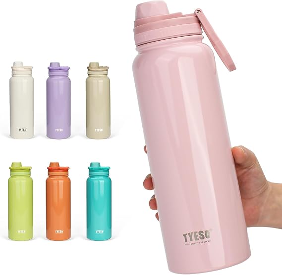 TYESO Insulated Stainless Steel Water Bottle With Spout Lid and Handle for Sports, Travel, and School,Insulated Water Bottle Keep Cold 24H, Leak-Proof (Pink, 25 oz)