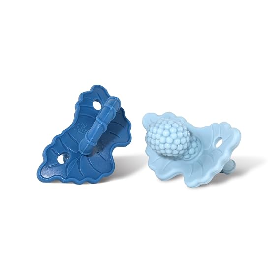 RaZbaby RaZberry Silicone Teether Pacifier Teething Relief for Infants, Food-Grade, Hands & BPA Free, Natural Berrybumps Fruit Texture for Sensory Development, Freezable, 2-Pack - Dark & Light Blue