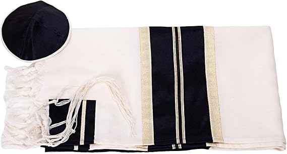 Personalized Wool Tallit, Black and Gold Stripes Men's Tallit Prayer Shawl Tzitzit from Israel 20 inch by 72 inch