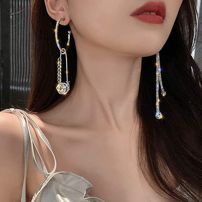 Fashion Women Asymmetric Rhinestones Circle Earrings Tassel Long Chain Drop Dangle Earrings Bar Party Earrings for Women