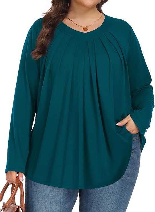 Tencede Womens Plus Size Tops Long Sleeve Shirts V Neck Tunic Blouses 1X-5X