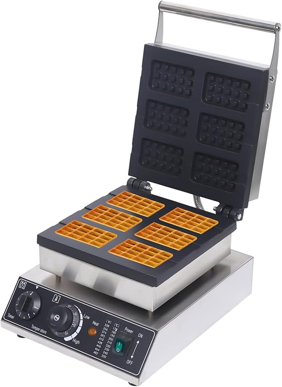 6 Grid Waffle Machine, 1500W Commercial Kitchen Non-Stick Pans Electric Rectangle Waffle Machine French Muffin Irons, 50~300C Adjustable Temp, Stainless Steel Pancake Maker for Bakeries, Restauran