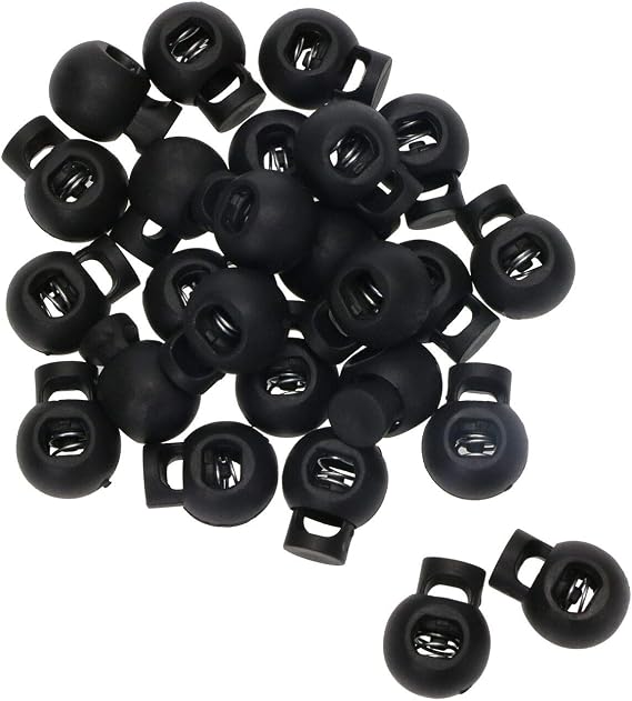 Shapenty Plastic Toggle Single Hole Spring Loaded Elastic Drawstring Rope Cord Locks Clip Ends Round Ball Shape Luggage Lanyard Stopper Sliding Fastener Buttons, Black, 25PCS