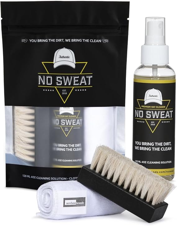 No Sweat Premium Hat Cleaner. Includes 4 OZ of Cleaning Solution, Microfiber Cloth, SOFT Bristle Brush. Works great on all of your favorite hats