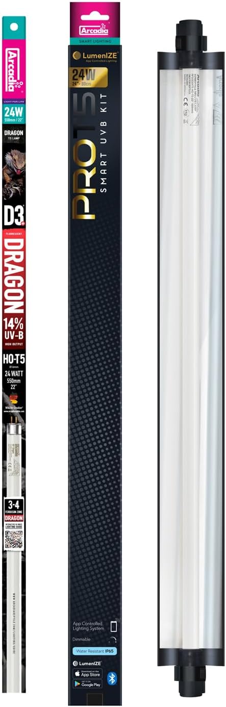 Arcadia LumenIZE ProT5 Reptile Light Fixture Kit 24" Long 24 Watts 14% UVB Dragon Smart UVB Light for Reptiles, Bearded Dragons, Lizards and Desert Tanks, Easy to Use Indoor Lighting Setup
