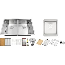 LQS Undermount Kitchen Sink 32" x 19", Workstation Ledge Kitchen Sink Handmade Undermount Sink 50/50 Double Bowl Stainless Steel Kitchen Sinks, 13 Inches Kitchen Sink With Workstation Ledge, 10" Depth