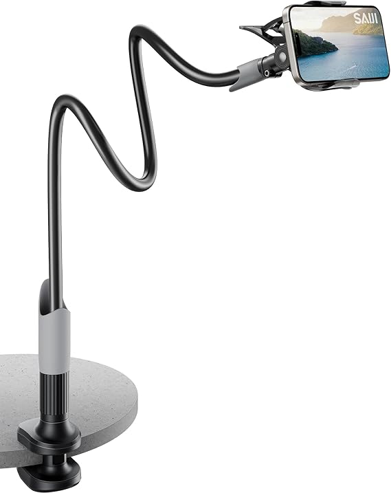 SAIJI Gooseneck Bed Phone Holder, Flexible Long Arm Phone Mount for Desk, Clip Bracket Clamp Stand, iPhone Stand, Mobile Cell Phone Stand Document Camera Nintendo Switch (Black)