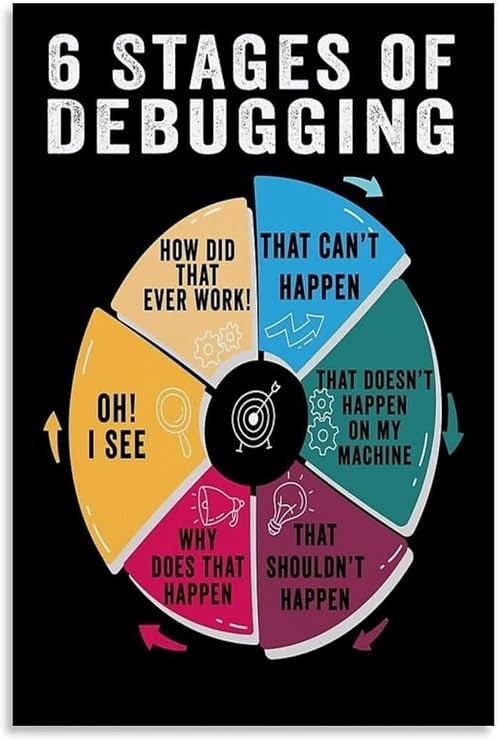 MQXFCZUX Coding Debugging Poster 6 Stages Wall-Art Computer Science Educational Print for Developers Classroom Home Office Wall Decor Unframed,08x12inch(20x30cm)