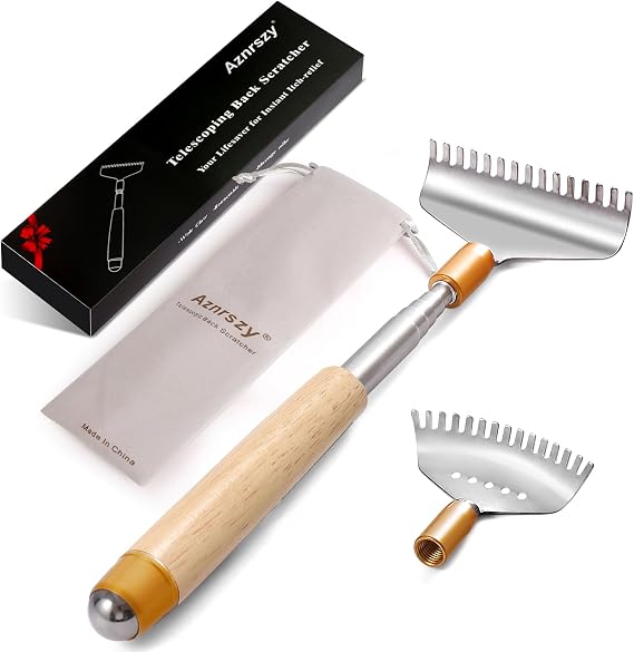 Back Scratcher with 2 Detachable Wide Claws, Aznrszy Heavy-Duty Body Scratcher Long Extendable to 62cm with Solid Wooden Handle & Rolling Ball for Face Neck Massage