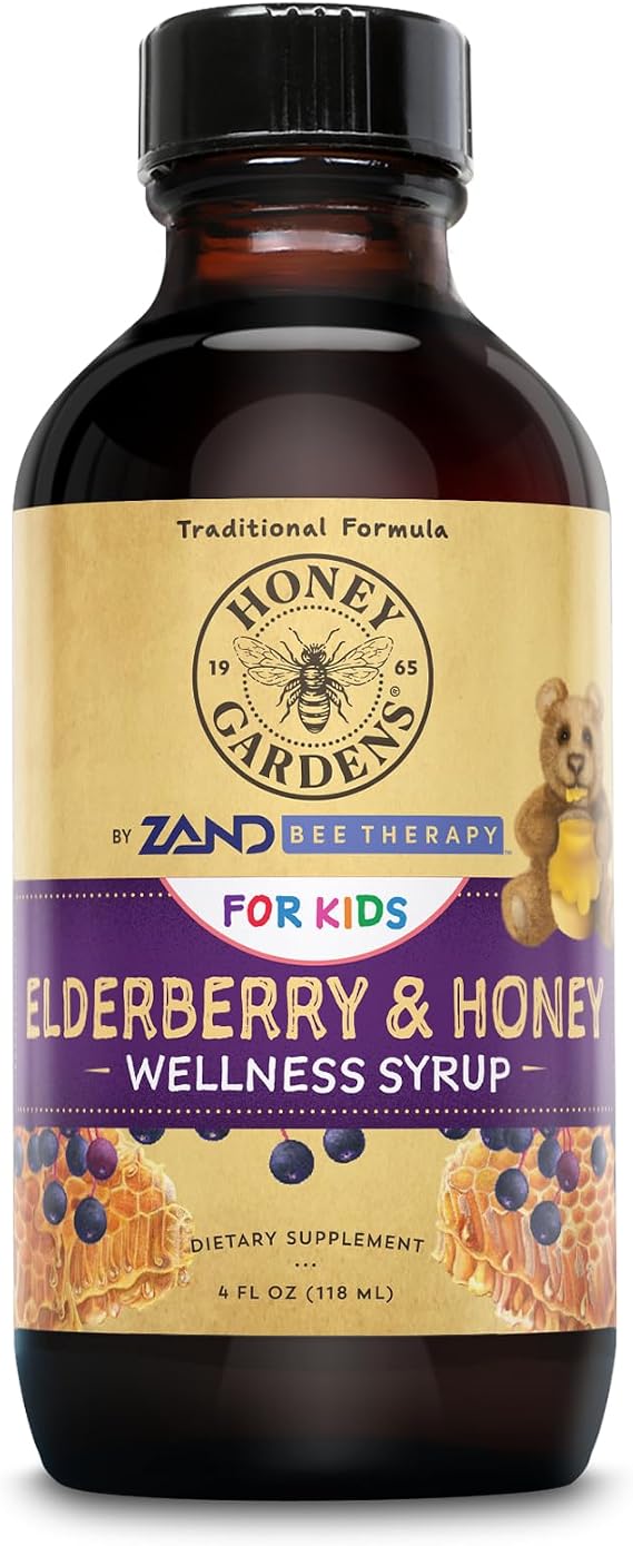 Honey Gardens Elderberry Syrup for Kids with Honey, Kids Elderberry Syrup, 6.4 mg of Elderberry Honey Syrup with Organic Raw Honey, Organic Echinacea Purpurea and Elderflower, 24 Servings, 4 FL. OZ.