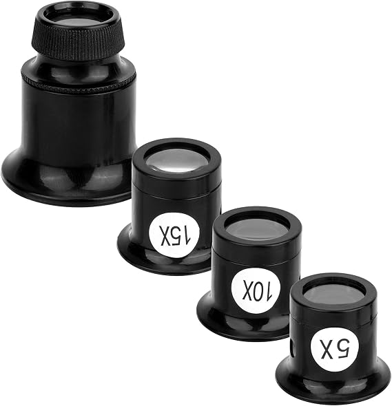 4 Pcs Jewelers Loupe Set, 5X/10X/15X/20X Portable Monocular Magnifier with Dome Optics Lens Handheld Magnifying Glass for Watch Repair, Gemstone Inspection, Diamond Grading & Stamp Reading