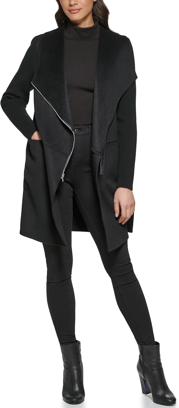 Kenneth Cole New York Women's Asymmetrical Zip Front Double Face Wool With Rib Knit Sleeve Coat