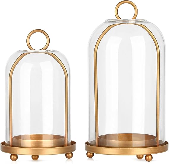 Vintage Brass Metal Candle Lantern with Thick Glass Dome Set of 2 Shabby Chic Style Candle Holders (5.25"x10" & 4.5"x7.87") Hanging or Tabletop Decor for Pillar Candles, Plants