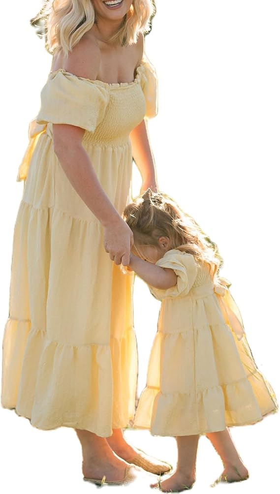 Mommy and Me Dresses Off Shoulder Irregular Ruffle Hem Chiffon Maxi Dress