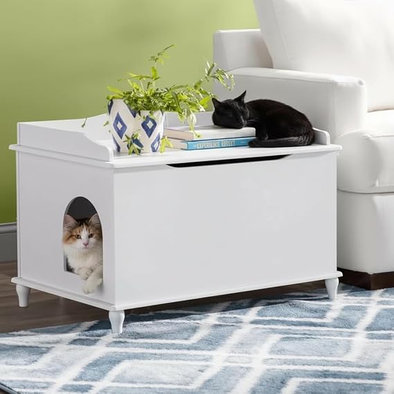 Designer Catbox Cat Litter Box Enclosure, Hidden, Dog-Proof Pet Furniture with Cover, Elegant, Covered, Odor Contained for Large Cats,Furniture with Lid, Cat Litter Boxes, White
