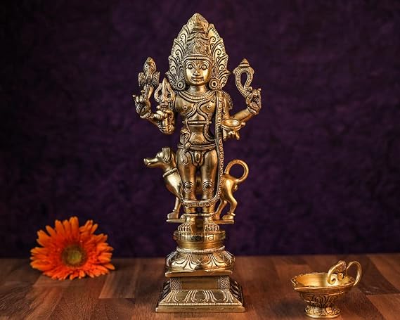SHIVAJIARTS Bhairava Statue, 11.5Inch Brass Maha Kala Bhairav Statue, Hindu God Yamantaka, Vajrabhairav Murti, Bhairav Idol with Dog, Gold, 29 X 13 X 9 CM