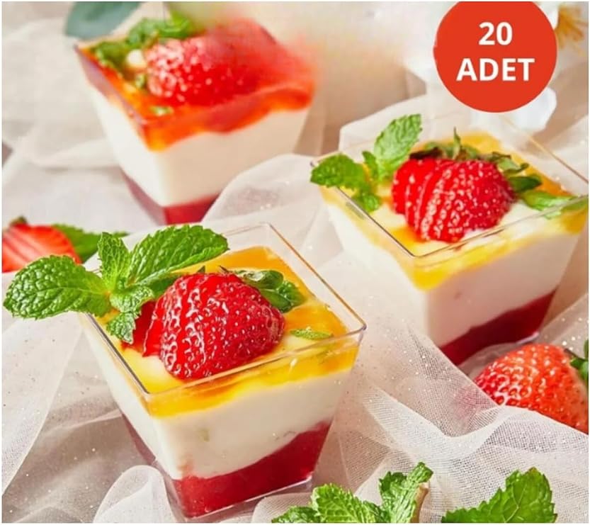 20 Adet Mini Sunum Kasesi, Sert Plastik Mika, Kare Şekil, Dondurma Puding Tatlı Meze Salata