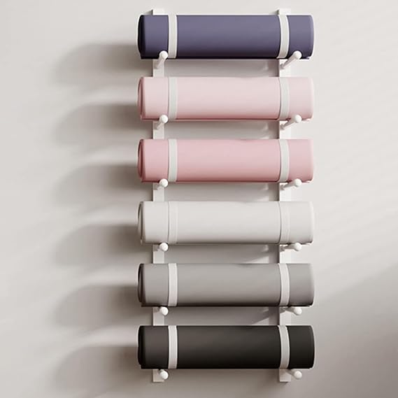 Wall Mount Gym Wall Yoga Mat Rack, 6/9-Tier Foam Roller Holder for Towel/Exercise Pads Display, Sports Equipment Hanging Storage Holder with Tilting Bar(White,H155CM-9 Tier)