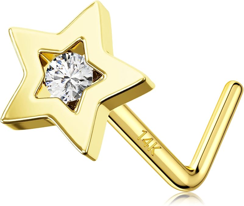 MeIighting Gold Star L Shaped 20G 14K Solid Gold Nose Ring - Heart Nose Screw for Women