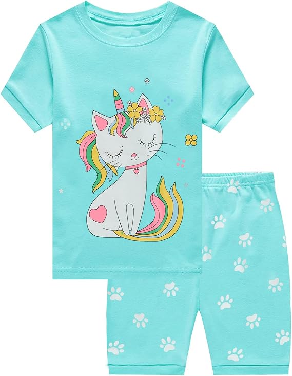 CM-Kid Little Girls Short Pajamas Sets Cotton Cat Sleepwear Toddler Pjs Summer Clothes Kids Bunny Jammies Sets Size 1-7T