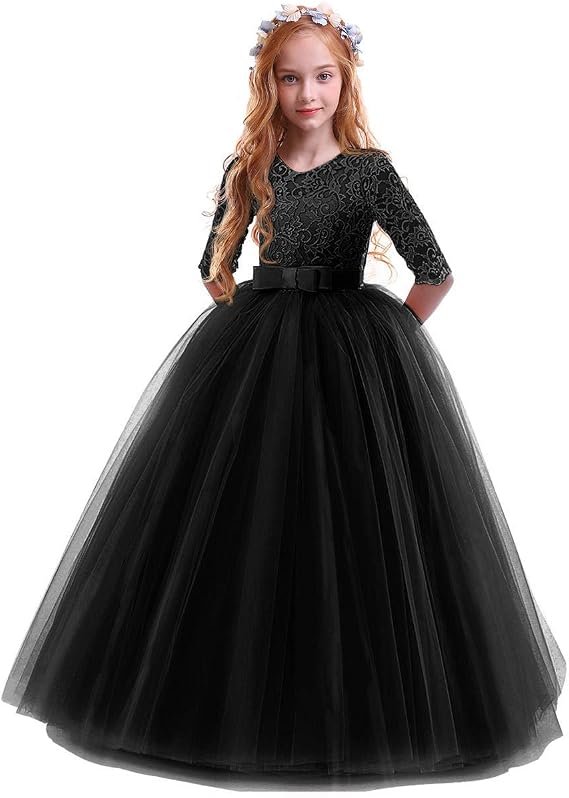 IBTOM CASTLE Flower Girl Dress Lace 3/4 Sleeve Wedding Princess Dress | Floor Length Tulle,Junior Bridesmaid Dress for Girl,Pageant Evening Formal Party Communion Dance Prom Ball Gown
