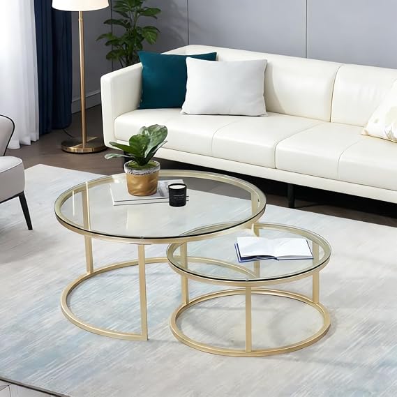 Round Side Table Gold Set of 2 for Living Room, Modern Side Tables with Sturdy Metal Frame and Tempered Glass Minimalist Side Table Cocktail Table for Dining Room Home Decor