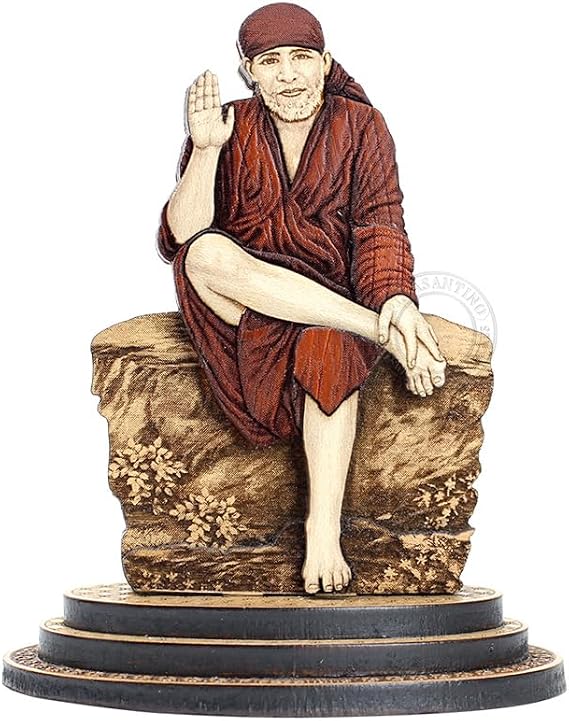 4 Inch Sai Baba Wood Carved Statue in Exotic Hard Woods - Multi Layered Hand Made Wooden Shirdi Sai Nath Idol for Car Dashboard, Home, Office, and Travel