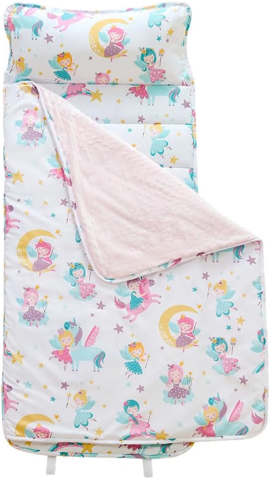 JUNCAI Toddler Nap Mat with Removable Pillow and Plush Blanket, Roll Up Napping Mats for Kids Ages 3-6 Years, Kid Sleeping Bag for Preschool Daycare Travel Camping, 53" x 23"
