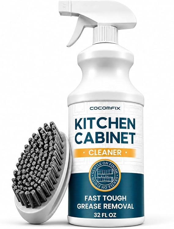 Kitchen Cabinet Cleaner for Sticky Grease, Residue-Free Cabinet Degreaser | Gentle for Wood, Painted & White Cabinets, Removes Grime, Fingerprints & Buildup, with Soft Scrub Brush, 32oz