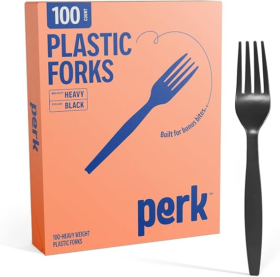 Perk Heavy-Weight Plastic Forks, Black, 100 Count Disposable